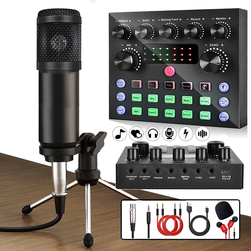 

Desktop Condenser Microphone Bundle V8S Sound Card Set for Webcast Live Studio Recording Singing Broadcasting