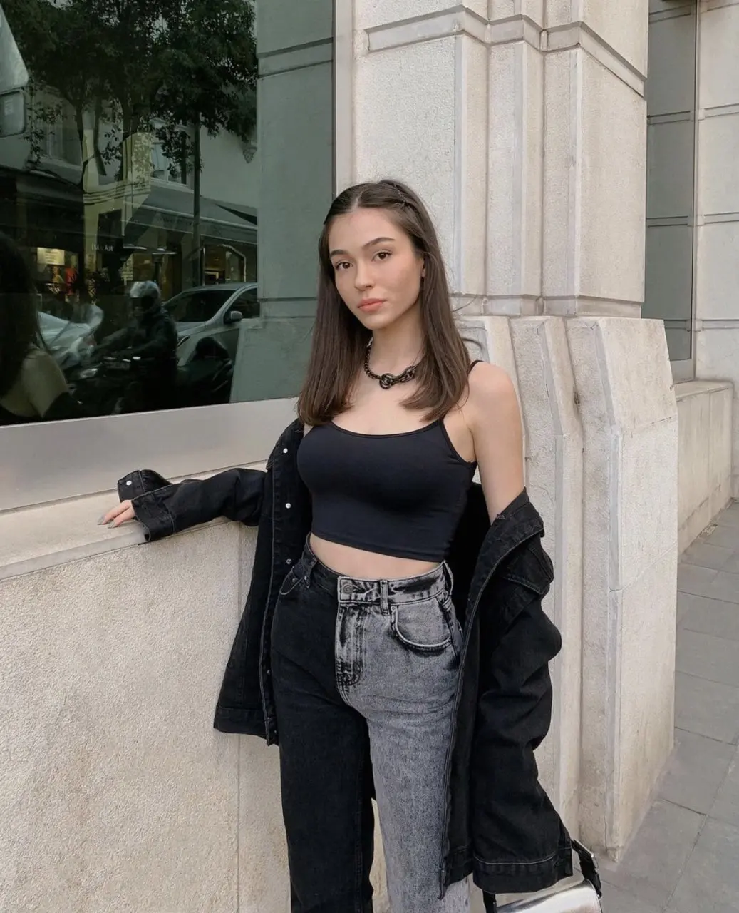 

Cotton black smoked two-tone mom jeans pants high waist jeans color denim women's fashion streetwear