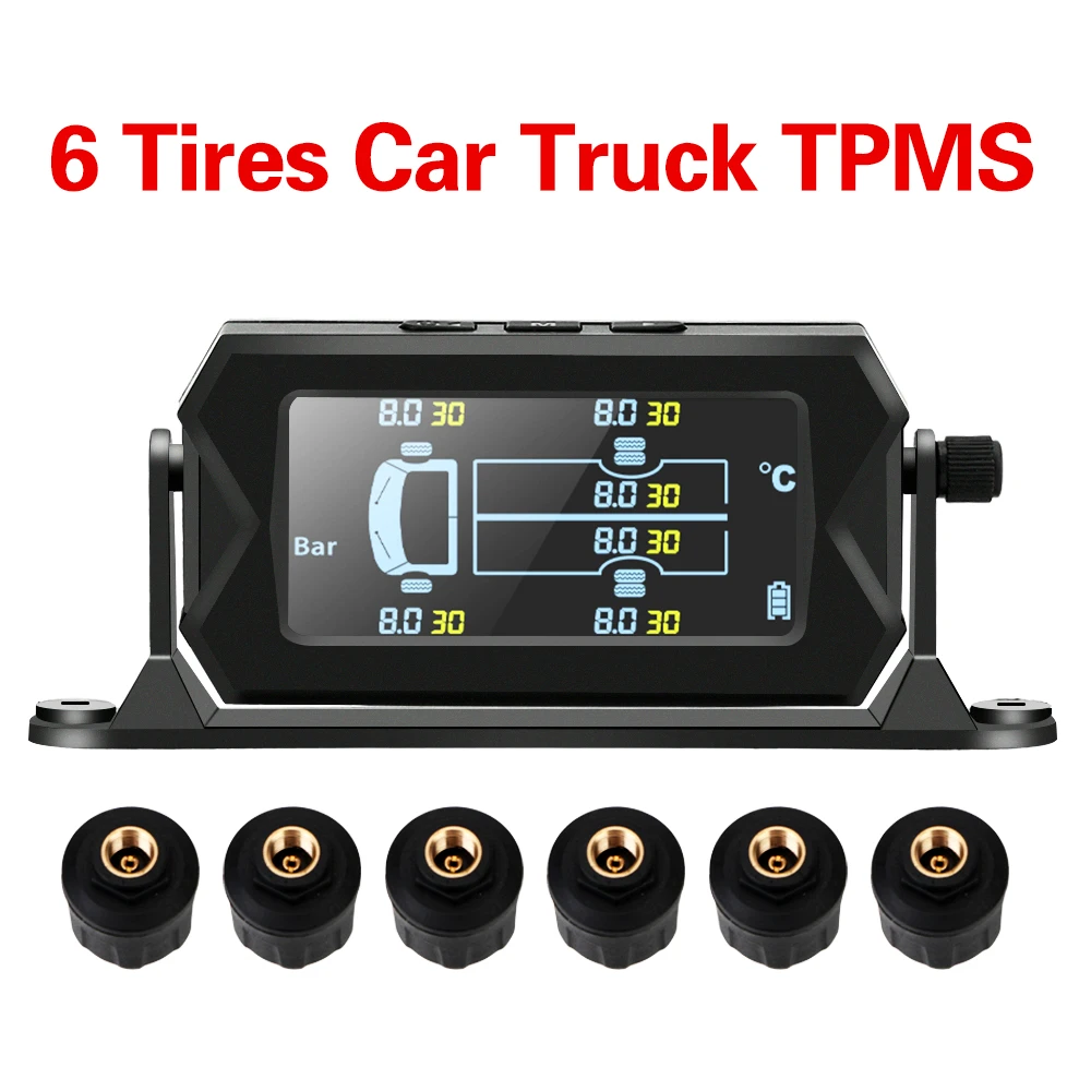 

LEEPEE Tire Pressure Monitoring System Digital LCD Alarm Wireless Solar Car RV Truck TPMS with 6 External Sensors