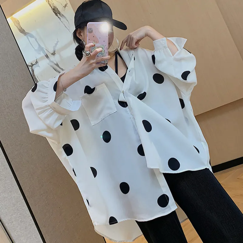 DEAT женская Свободная шифоновая рубашка размера Плюс в горошек со стоячим