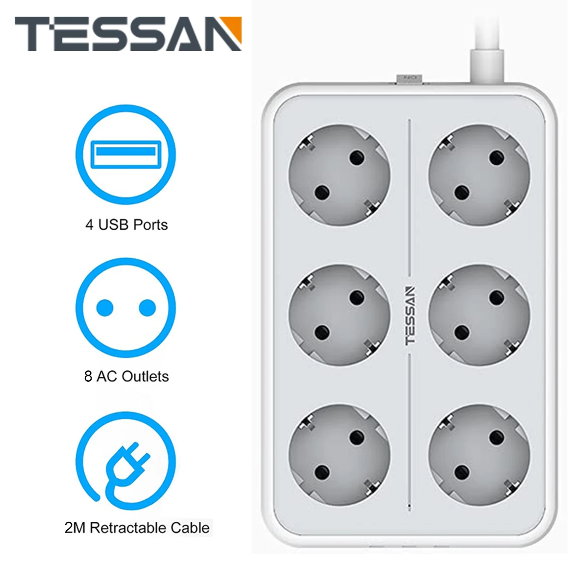 

TESSAN Home Socket Power Strip with On/Off Switch, 6 Slots & 3 USB Ports, EU Wall-mounted Power Strip with 2M Extension Cord