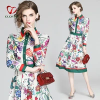 2021 spring summer fashion runway shirt dress womens long sleeve casual floral stripe print pleated midi elegant dress