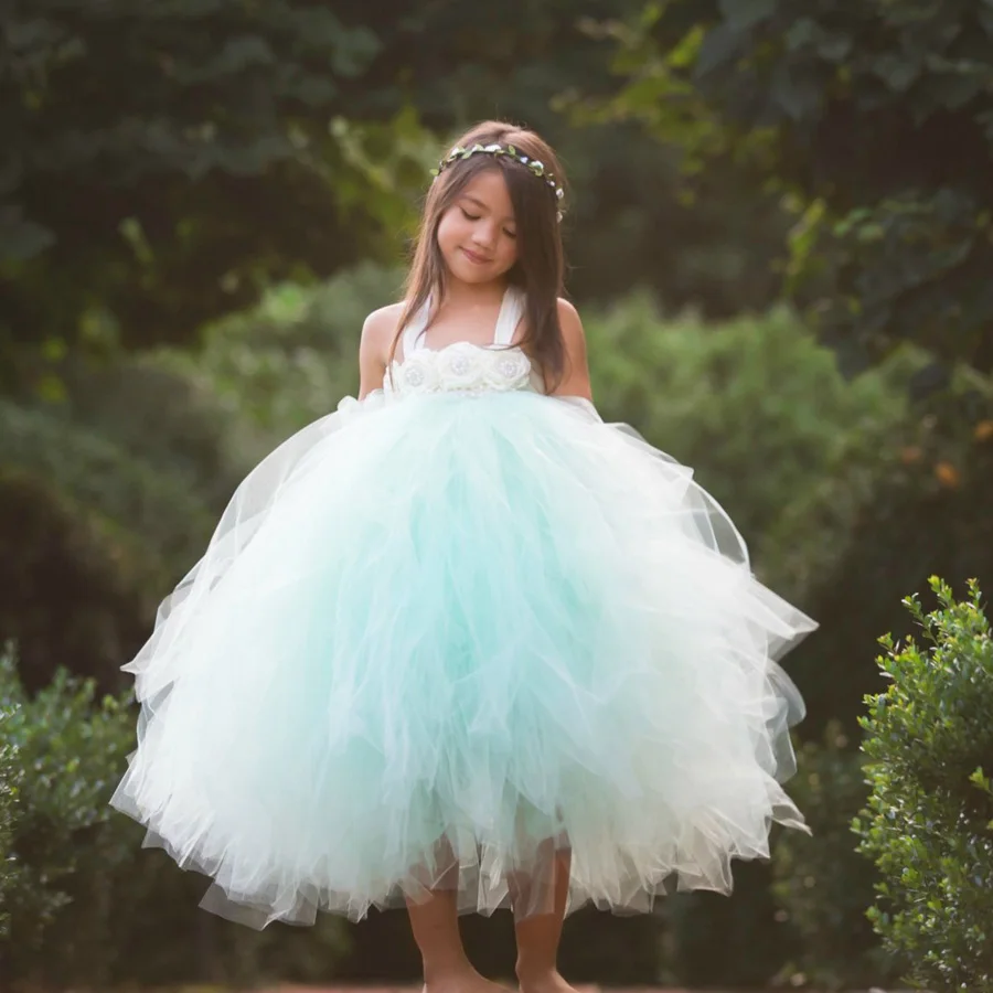 

Girls Aqua Tutu Dress Kids Tulle Strap Dress Ball Gown with Pearl Flowers and Hairbow Children Wedding Party Costume Dresses