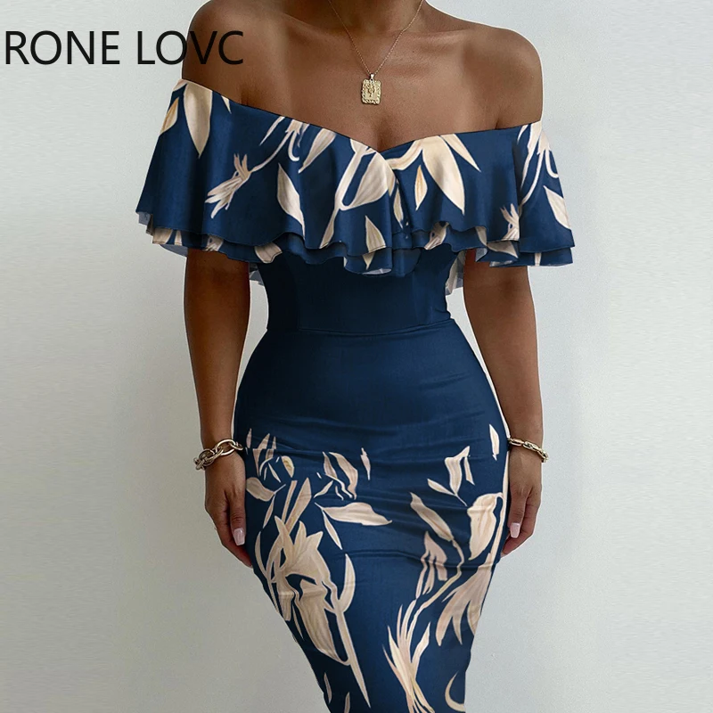 

Women Elegant Graphic Off Shoulder Ruffle Hem Sexy Bodycon Dresses