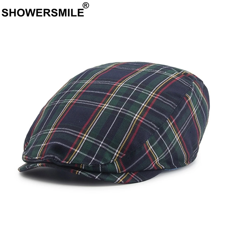 SHOWERSMILE клетчатый берет для мужчин, зеленая, темно-синяя клетчатая плоская кепка s, мужские британские винтажные береты, Кепка цвета хаки, весенне-Летняя женская кепка для водителя, плюща