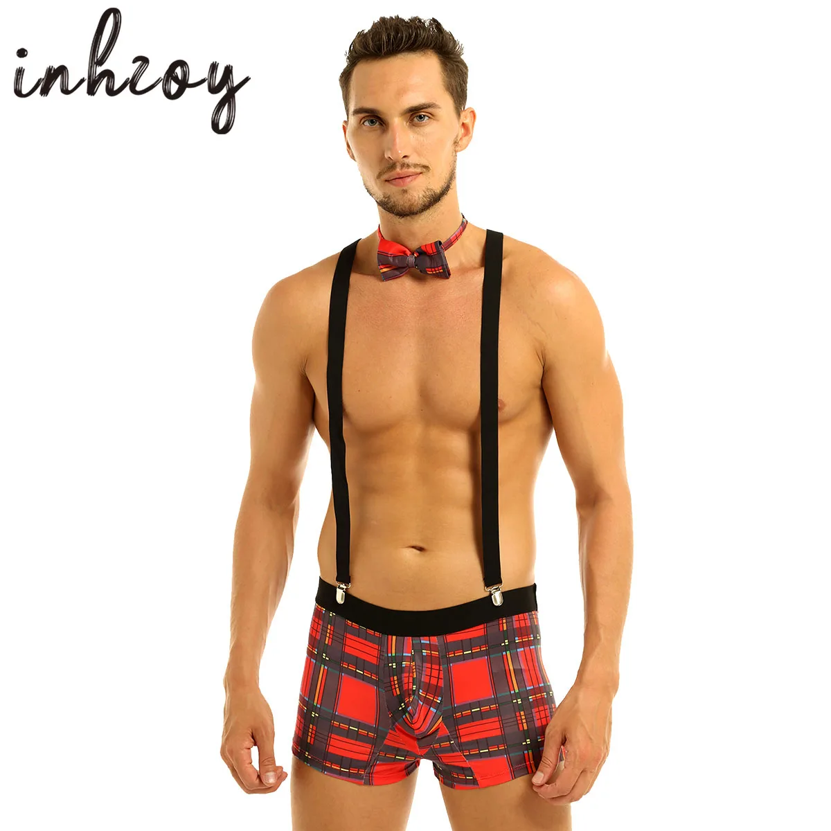 

Mens Plaid School Boy Lingerie Sexy Boxer Briefs Suspenders Outfits Gay Male Nightclub Party Waiter Roleplay Costumes Uniforms