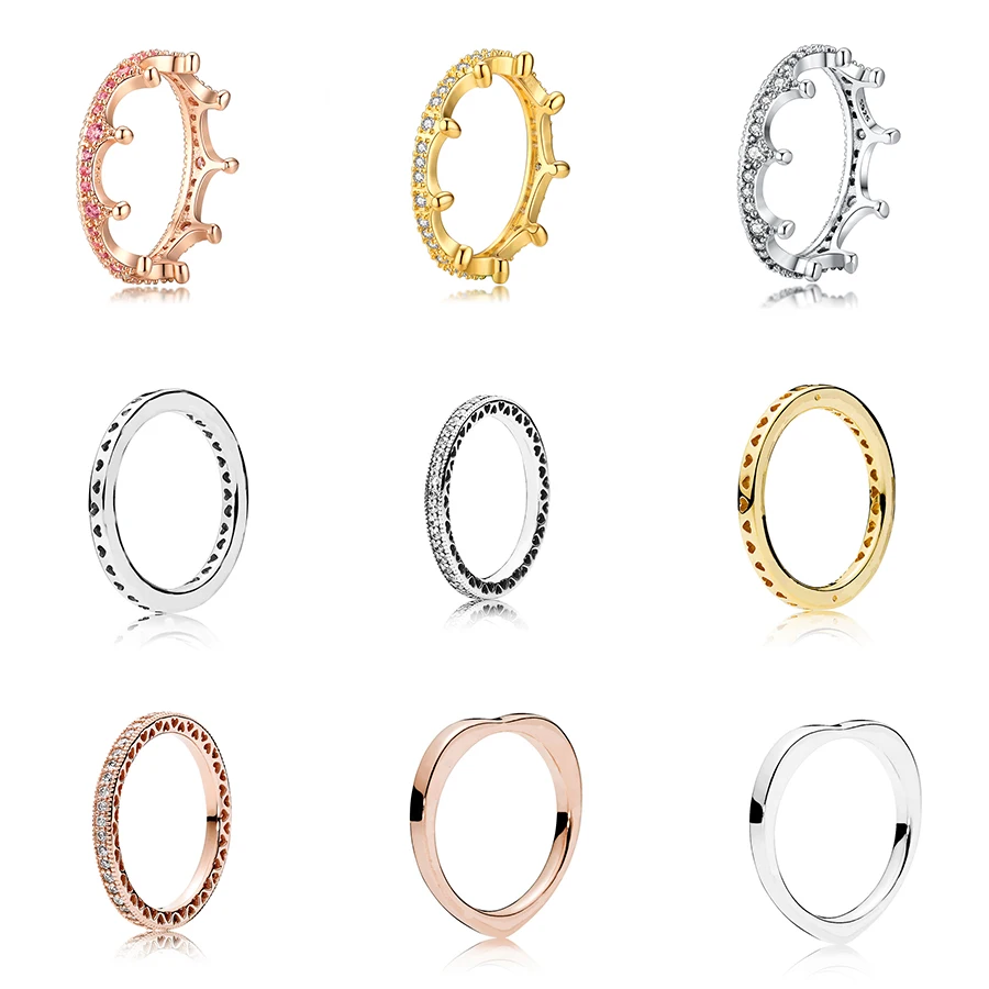 

Women 925 Sterling Silver Rings Red Crystal Diy Crown Finger Ring Round Heart Shape For Women Wedding Party Jewelry