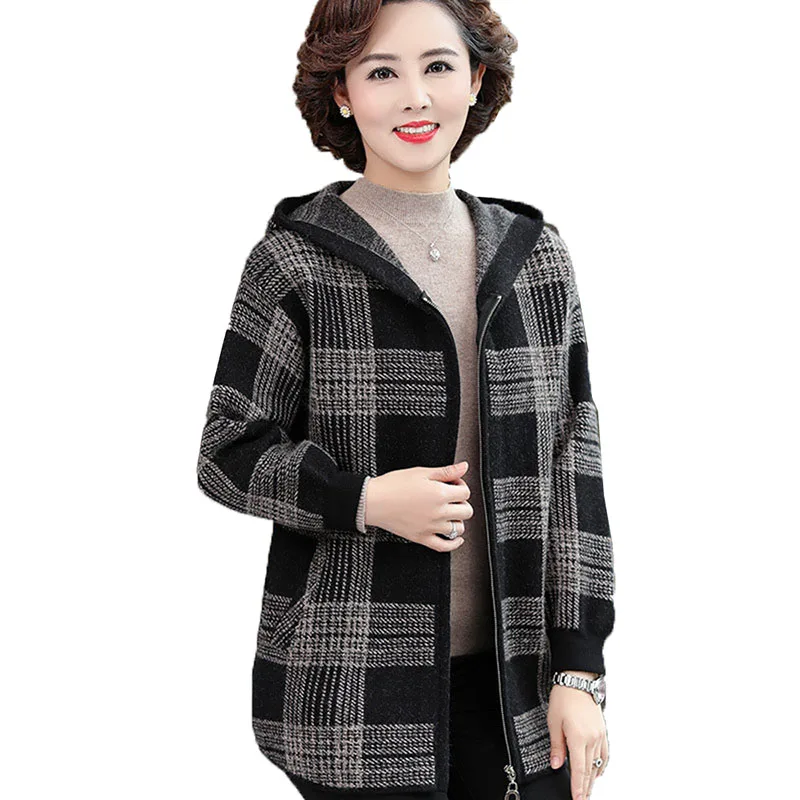 

Middle-aged Elderly Mothers Sweater Women's knitted Sweater Cardigan Autumn Winter Hooded Zipper Lattice Casual Coat Outwear