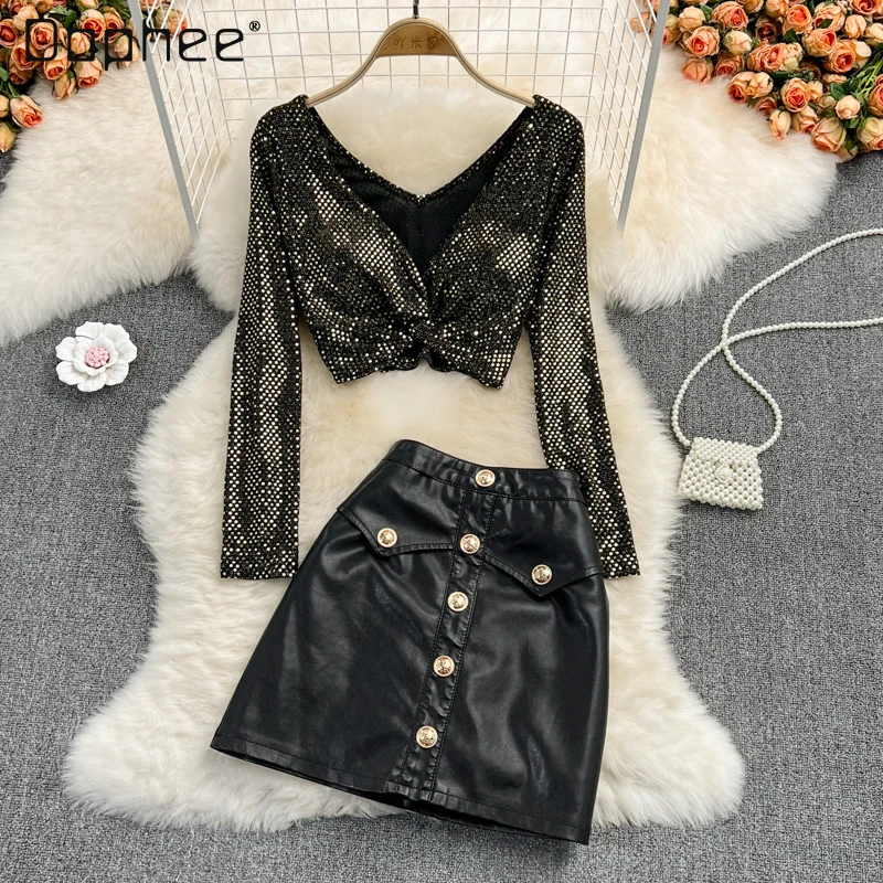 

Sexy Long Sleeve Cross V-neck Short Sequines Top + Buttons High Waist PU Leather Sheath Short Skirt Suit Two-Piece Set