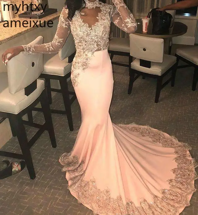 2020 New Arrival Full High Prom Dresses Floor-length Sweep Train Mermaid Natural Satin Regular Illusion Prom Dresses Elegant