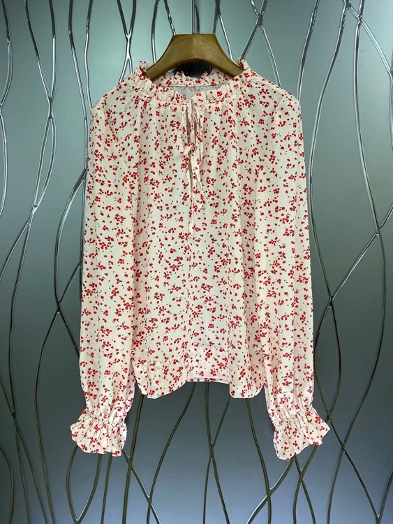 

2021 new women fashion neckline tie knotted decoration small floral long-sleeved all-match blouse 422