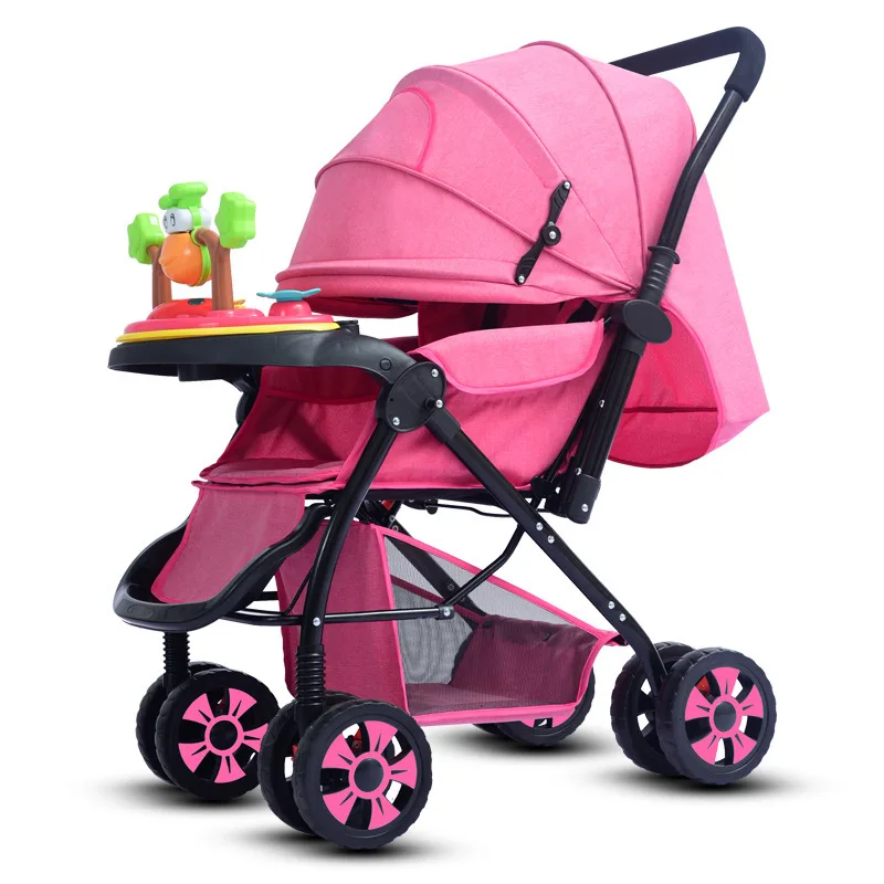 Pink Четыре колеса Расширенный детская коляска Складная складной двухполосный детская прогулочная коляска зонтик коляска с обеденной пластиной - Цвет: Pink