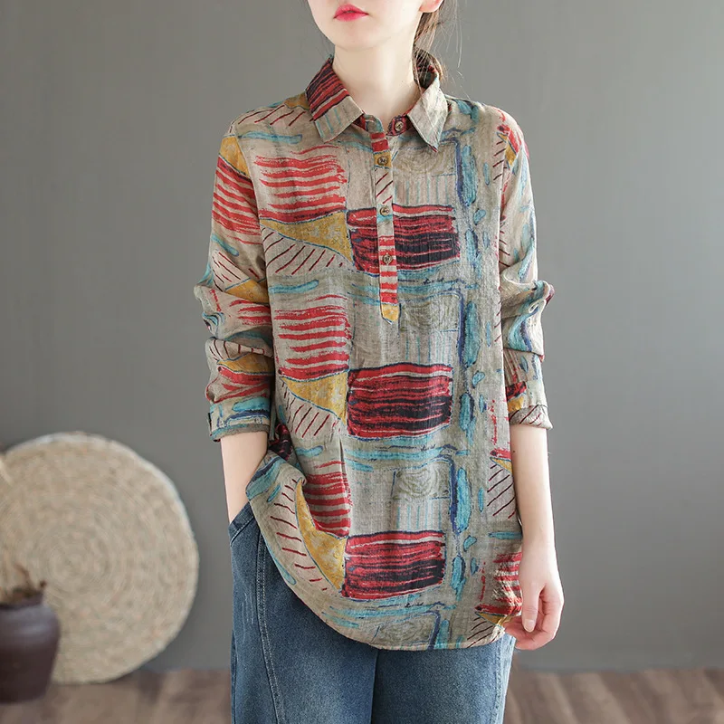 Рубашка женская в этническом стиле из хлопка и льна с винтажным принтом тонкая