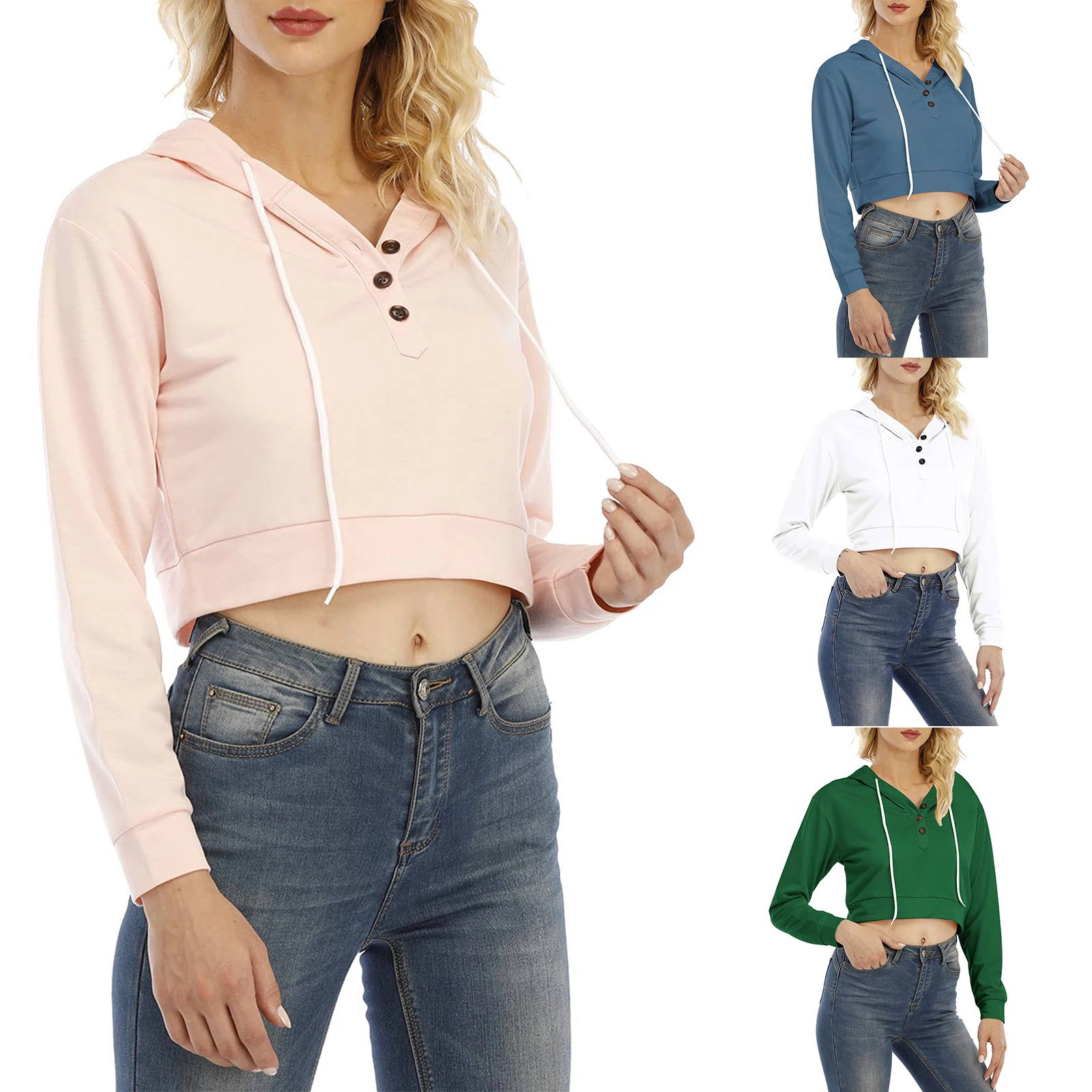 

Женская Короткая Толстовка с капюшоном, однотонная блузка с длинным рукавом и пуговицами, Размеры S/M/L/XL, 2021