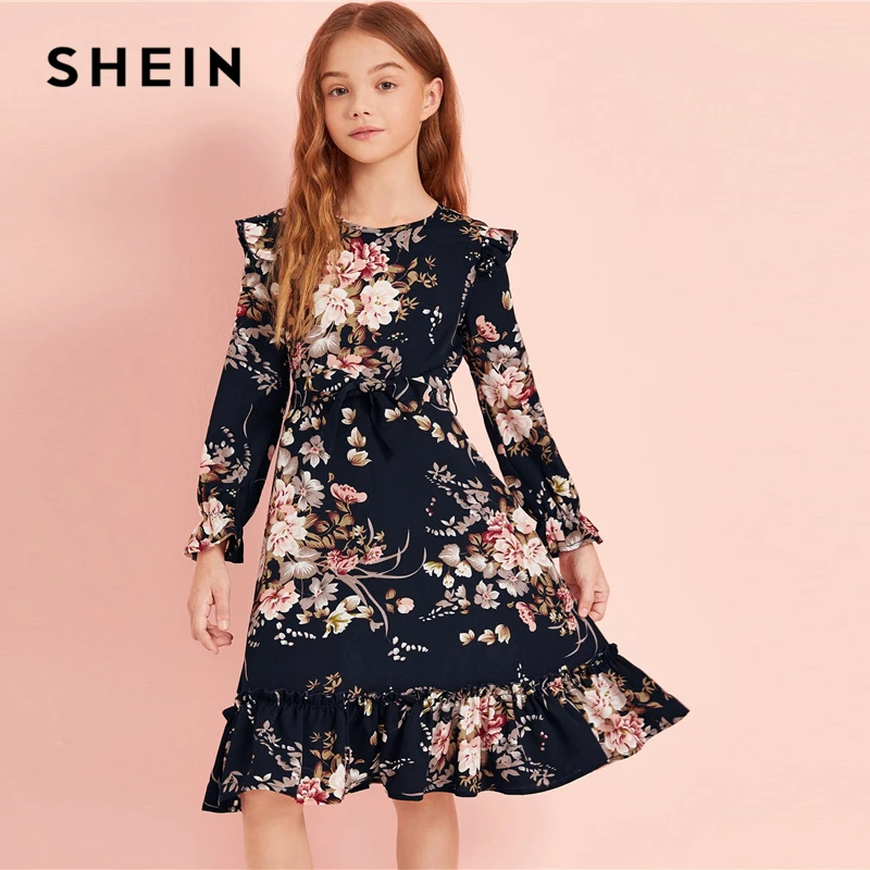 SHEIN Kiddie/милое платье темно-синего цвета с рюшами и цветочным принтом с отделкой и поясом г. Осеннее платье-миди на молнии, рукав-Волан