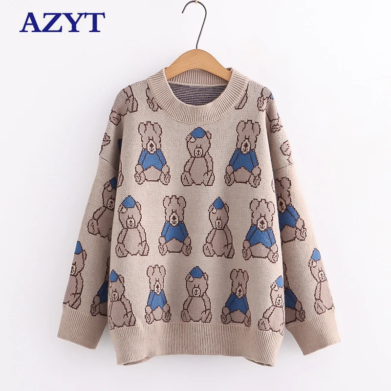 

AZYT Cute Cartoon Print Pullover Women Sweater 2021 Autumn Loose Jumpers Female Knitwear Winter O Neck Base Sweater Women