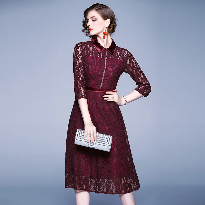 Женское офисное платье с отложным воротником кружевное ажурное в офисном стиле
