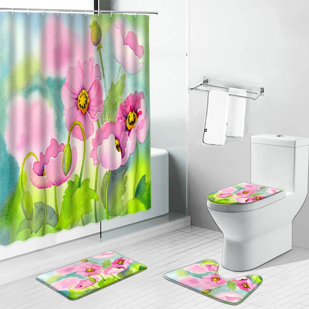 

Red Flowers Printed Shower Curtains Rug Set Non-Slip Carpet Poppy Cactus Rose Watercolor Floral Bathroom Decor Toilet Cover Mat