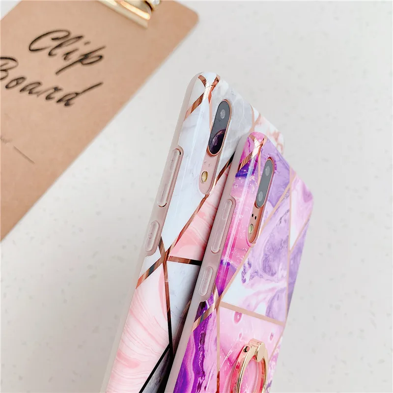 Lovebay New Phone Case For Huawei P30 P20 Pro Lite Mate 20 Soft IMD With Finger Ring Holder Geometric Marble Back Cover |