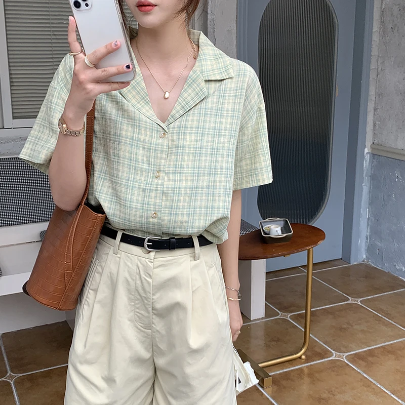 

LY VAREY LIN New Summer Women Vintage Plaid Turn-down Collar Short Sleeve Shirts Office Lady Fashion Single Breasted Short Tops