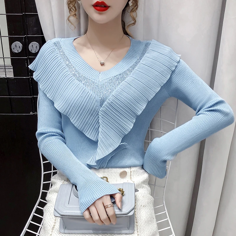 

Thin sweater women's spring and autumn new style V-neck ruffled rhinestone fashion sweater long-sleeved top