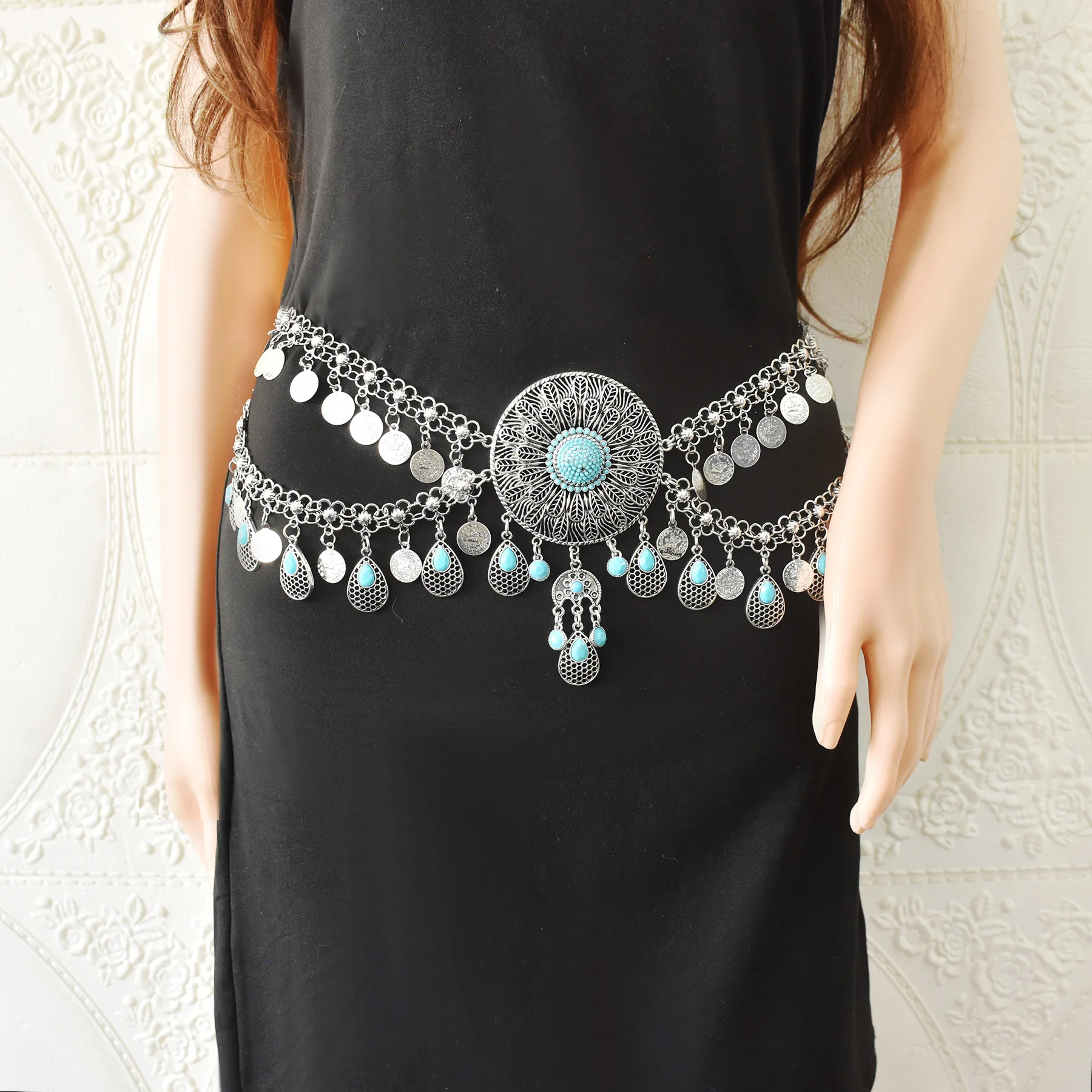 

Fashionable Bohemian Silver Hollow Inlaid Turquoise Retro Waist Chain Single Circle Tassel Flower Belly Dance Body Chain