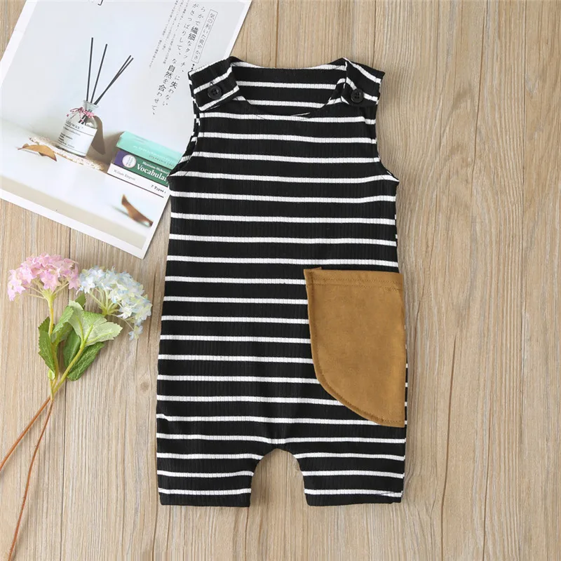 

Newborn Infant Baby Girls Boys Clothes ins new Striped Pocket Print spring and summer stripe sleeveless jumpsuit