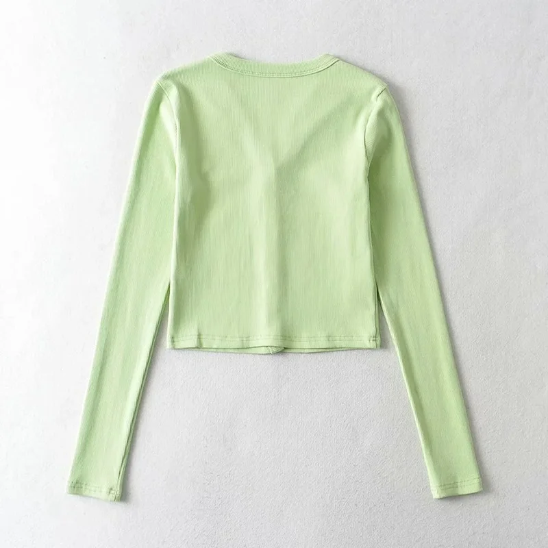 

KUSAHIKI Sexy Short Women Cardigan Long Sleeve V-neck Single Breasted Tshirts 2021 Summer New Solid Tee Tops Outerwear 6J004