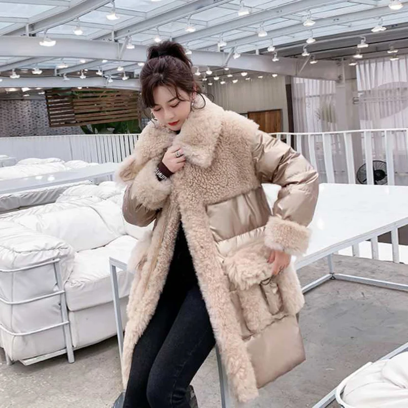 

Women Lambswool Splice Warm Cotton Coat Winter Fashion Korean Champagne Gold Glossy Zipper Thicken Female Jacket Casaco Feminino