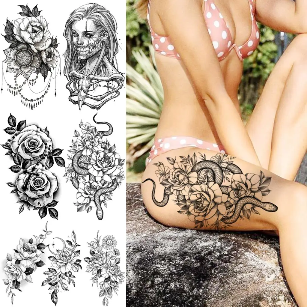 

Black Snake Flower Temporary Tattoos For Women Adults Realistic Thigh Legs Arm Rose Flower Fake Tattoo Sticker Pendant Tatoos
