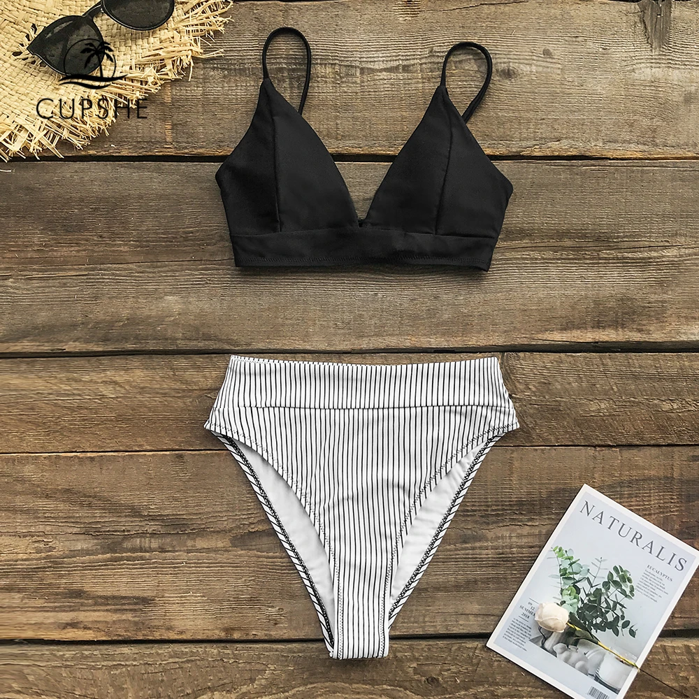 CUPSHE черный Одноцветный в полоску с высокой талией бикини наборы сексуальный