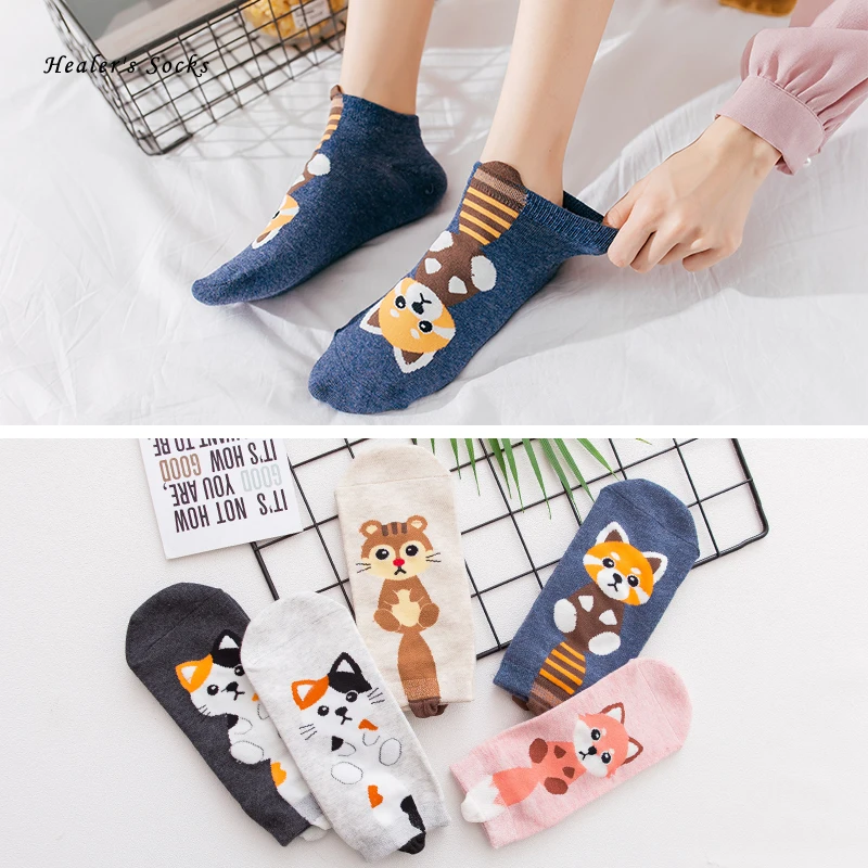 

New Fashion Women Socks Cotton Color Cartoon Cat Raccoon Fox Tail Harajuku Soft Cute Funny Happy Casual Ankle Girls Short Socks
