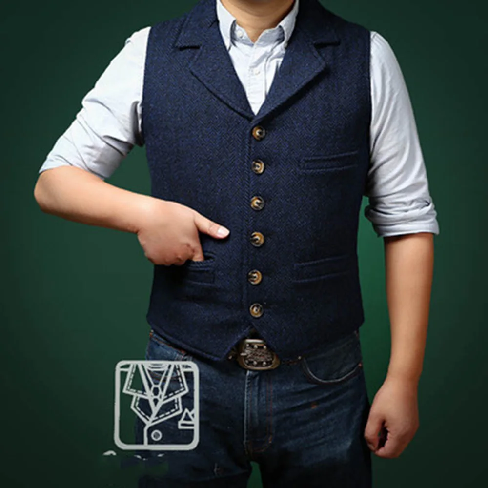 

Men's wool herringbone suit vest retro slim vest notched lapel casual vest best man men's tuxedo