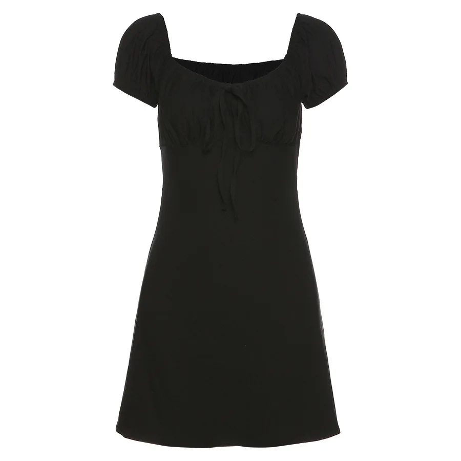 

kpop puff sleeve sexy low collar slim black dresses woman elegant simple high street female fashion party club mini dress