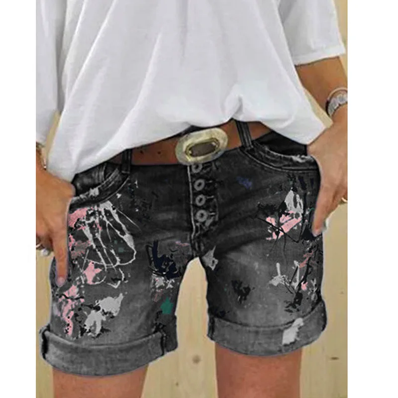 

Zoulv 2021 Women Summer Denim Shorts Washed Fashion Printing Jeans Shorts Plus Size Slim Short