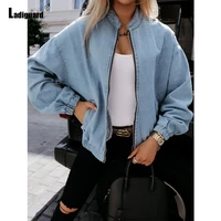 ladiguard women retro blue denim jackets girls streetwear 2021 vintage fashion zipper demin coats boyfriend mom jean outerwear