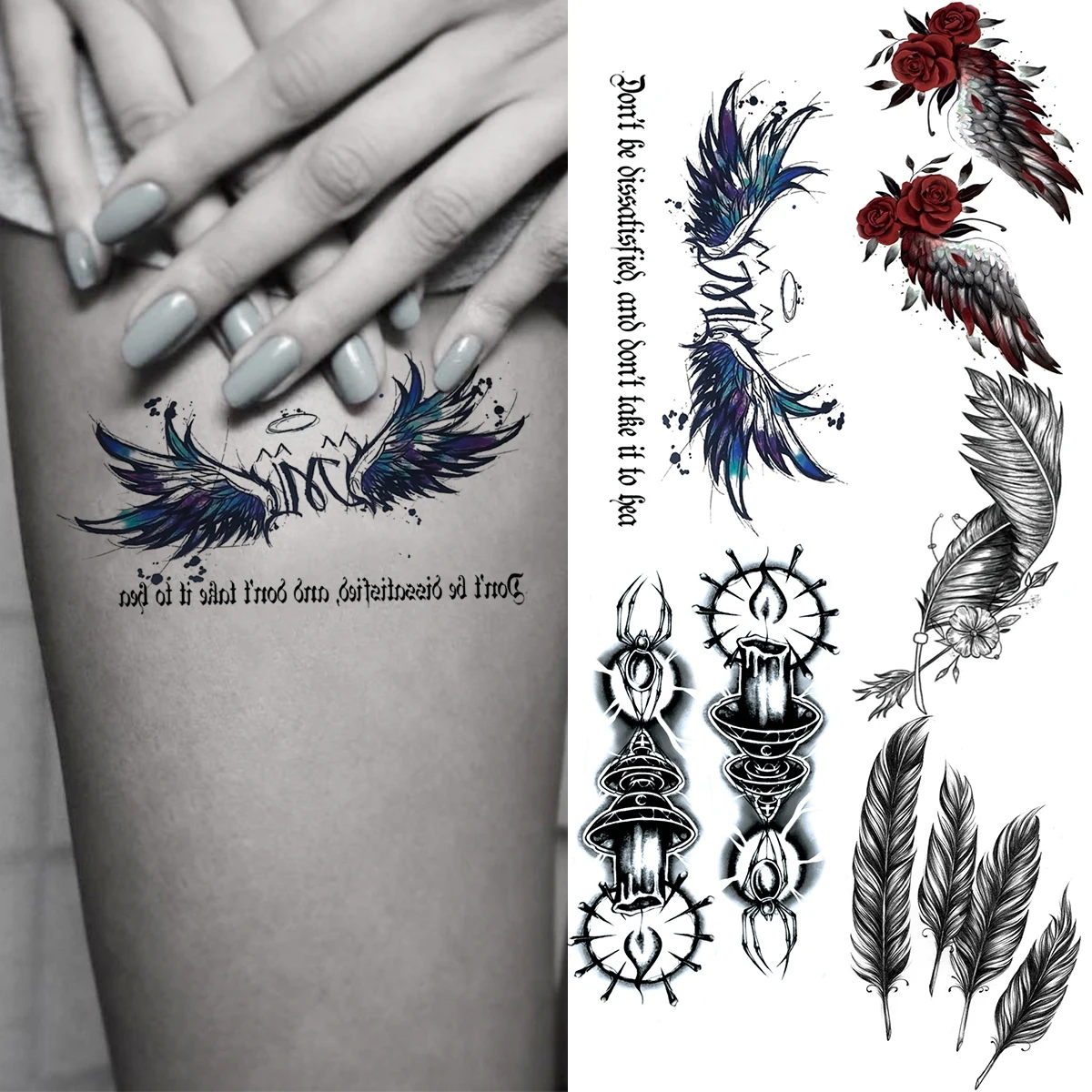 

Angel Wings Letters Candle Sexy Thighs Temporary Tattoos For Women Men Feather Rose Flower Fake Tattoo Body Art Washable Tatoos