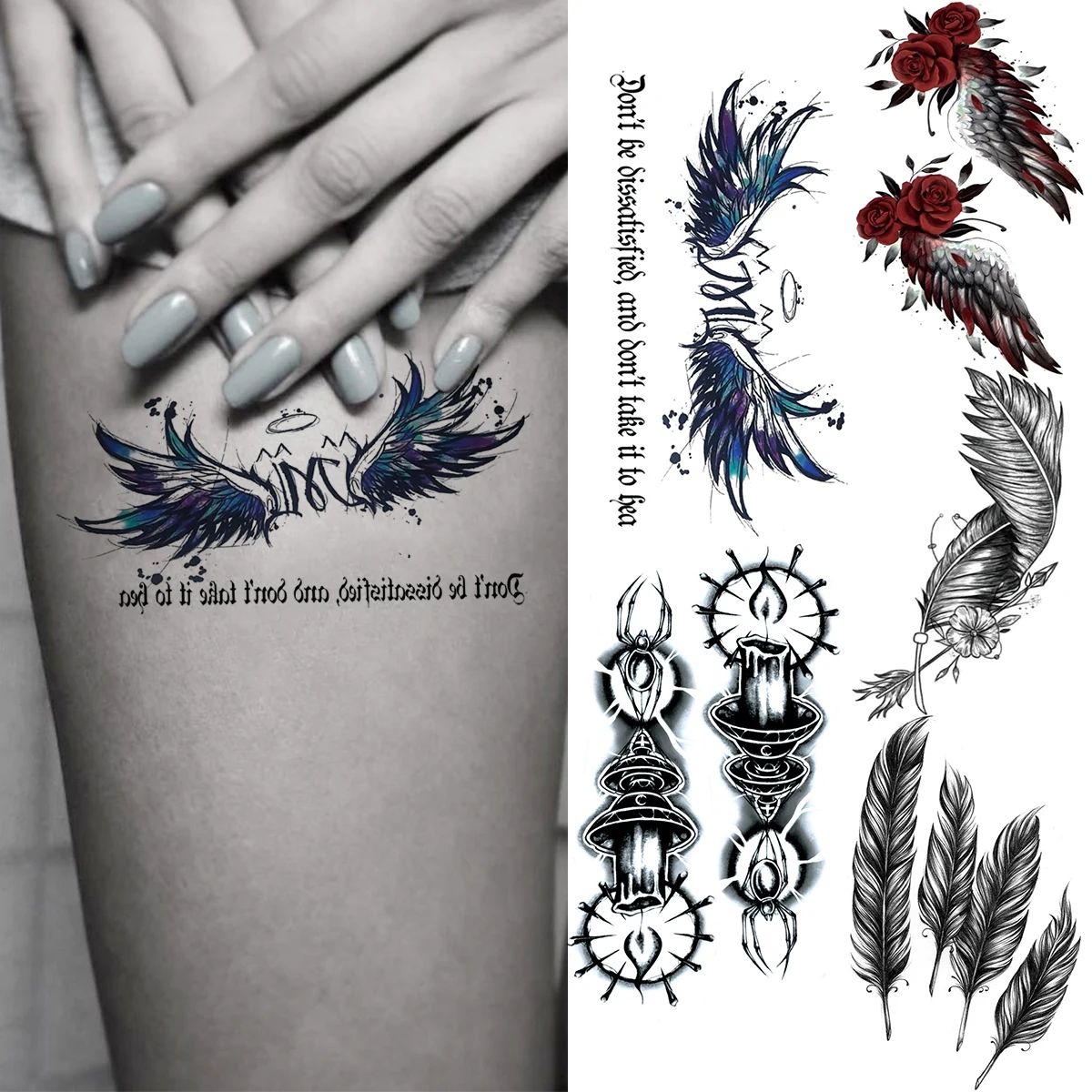 Крылья Ангела свечи-буквы сексуальные бедра Временные татуировки для Для женщин