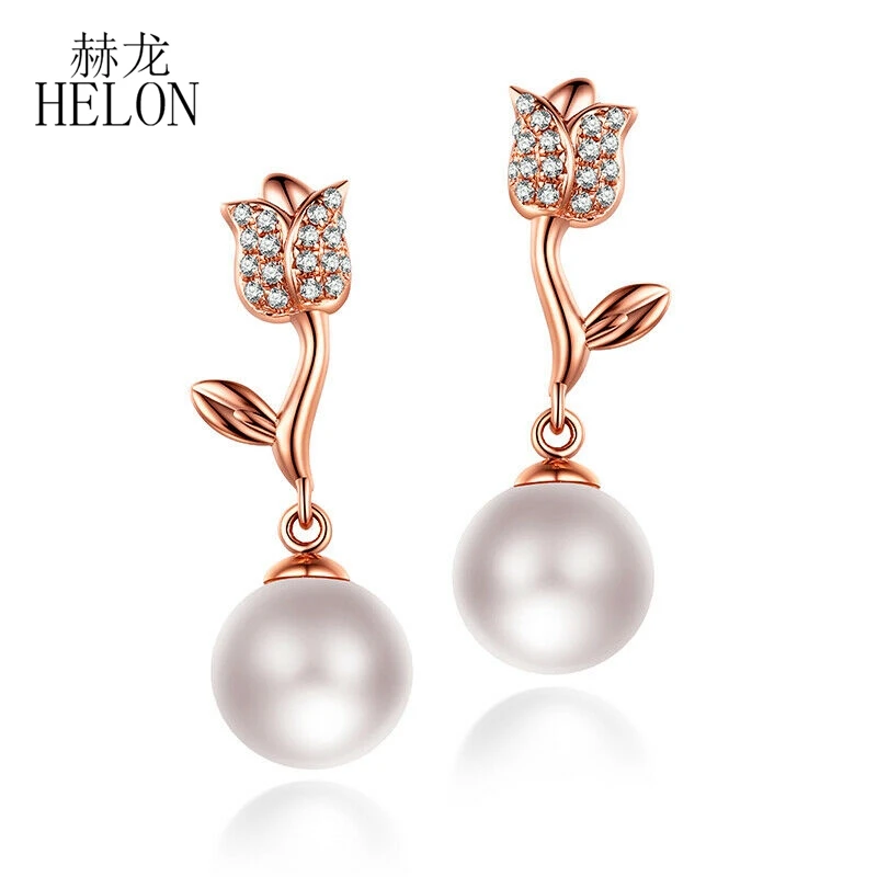 

HELON 8mm Fresh White Water Pearls Women Vintage Jewelry Studs Earrings Solid 14K Rose Gold Wedding Earrings Natural Diamonds