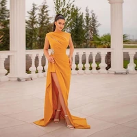 elegant yellow side slit sweep train mermaid party prom evening dresses pleats beading sleeveless special occasion gowns