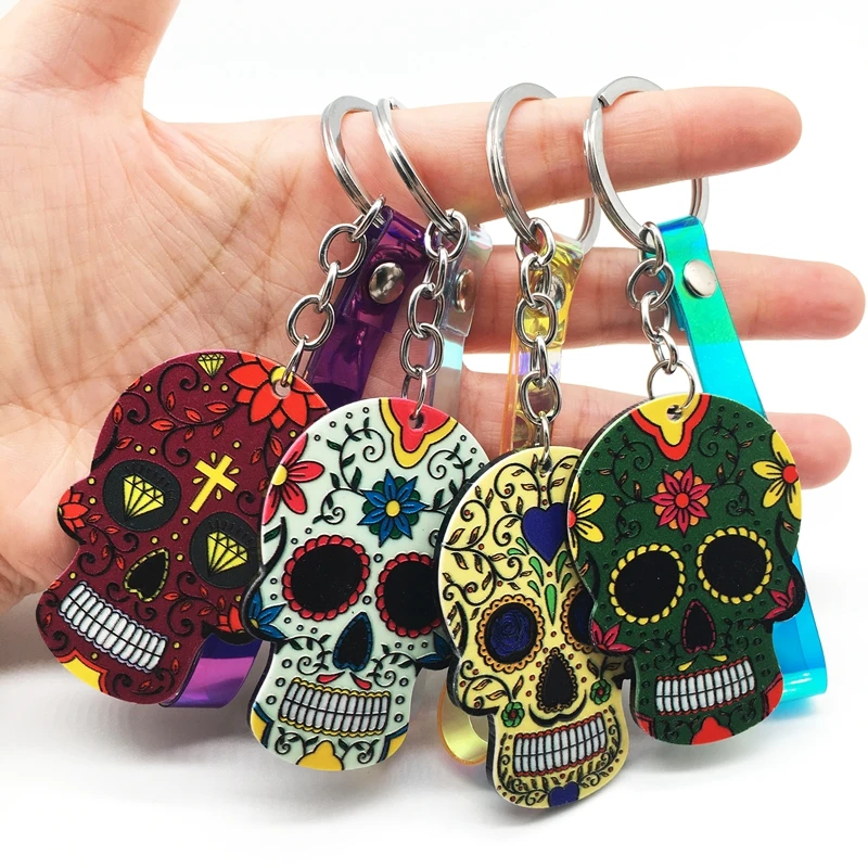 Брелоки Calavera мексиканские причудливые брелки для ключей с черепом пользовательский лазер Dazzle Rope Sugar Skull брелок сумка Шарм сладкий подарок