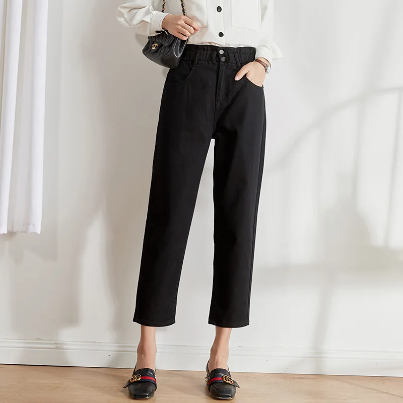 black 9106 Женские шаровары из денима LEIJIJEANS, джинсы-капри на двух пуговицах с поясом на резинке и высокой посадкой, модель 9106 большого размера на осень - Цвет: black 9106