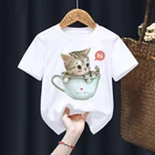 Белая футболка с рисунком Kawaii Meow Cat Kitten Girls, розовая детская летняя забавная одежда Y2K для маленьких детей, Прямая поставка