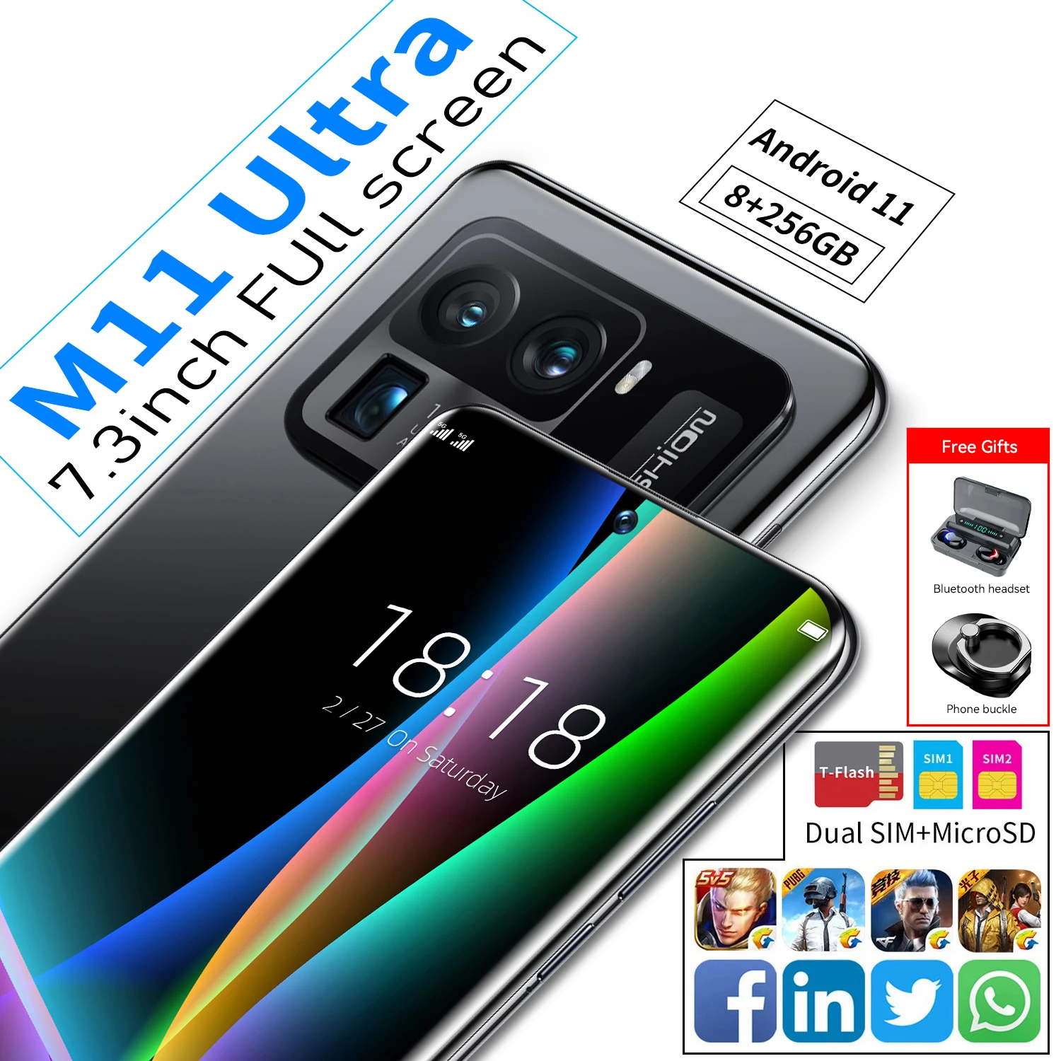 Téléphone portable M11 Ultra, écran de 7.3 pouces, SmartPhone, mémoire de 16GB, 1T, caméra de 48mp + 64mp, reconnaissance faciale, 4G 5G, Qualcom 888, nouveau  (0)