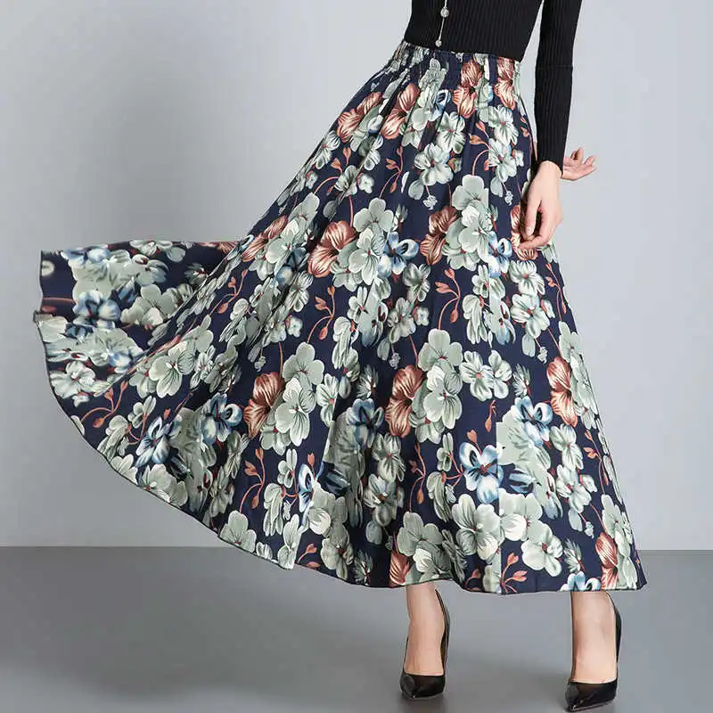 

Осень из хлопка и льна для женщин Длинная юбка в винтажном стиле, с цветочным рисунком и высокой талией Юбка Femme размера плюс макси юбки для ж...