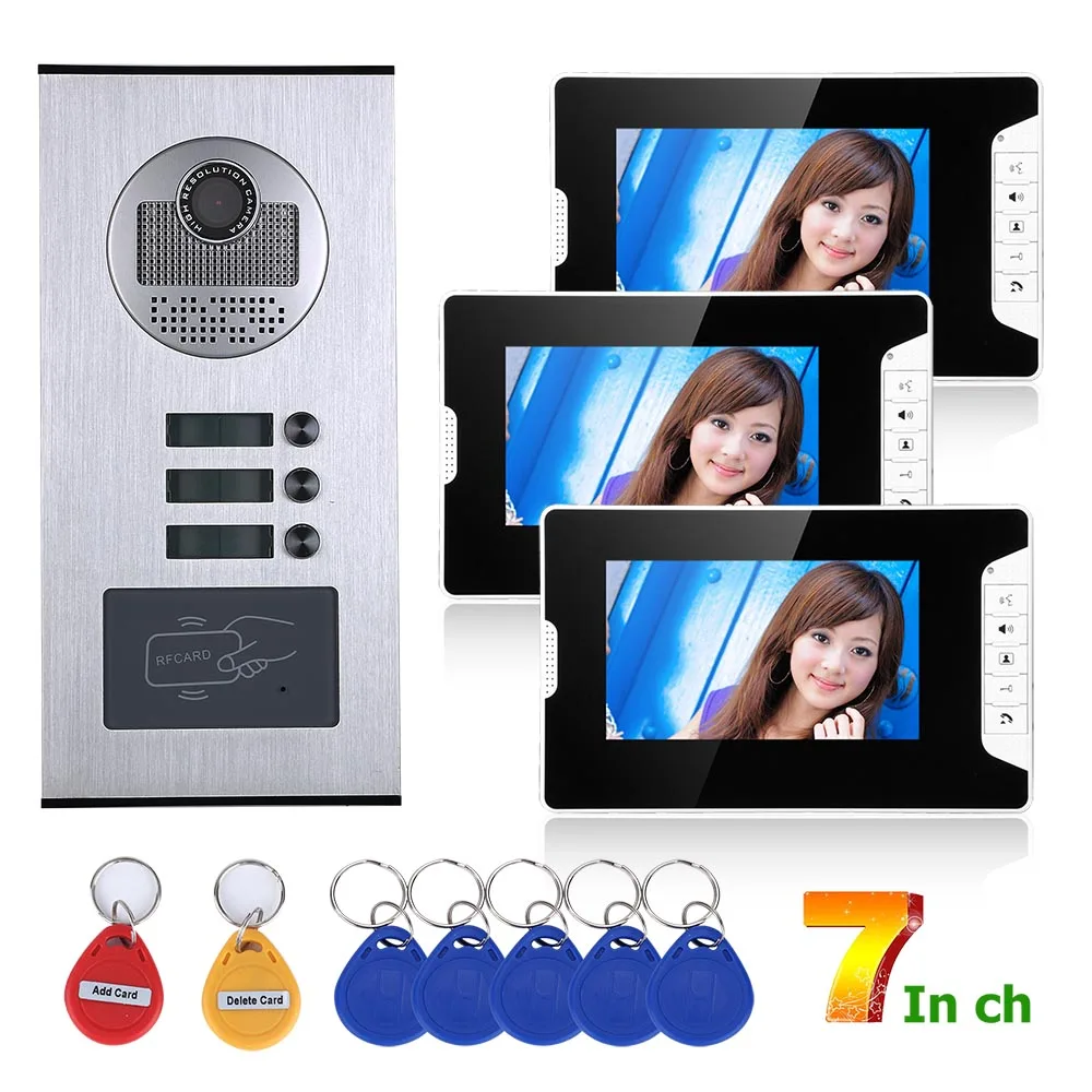 

7 inch 3 Units Apartment/Family Video Door Phone Intercom System RFID IR-CUT HD 1000TVL Camera Video Doorbell with 3 Button
