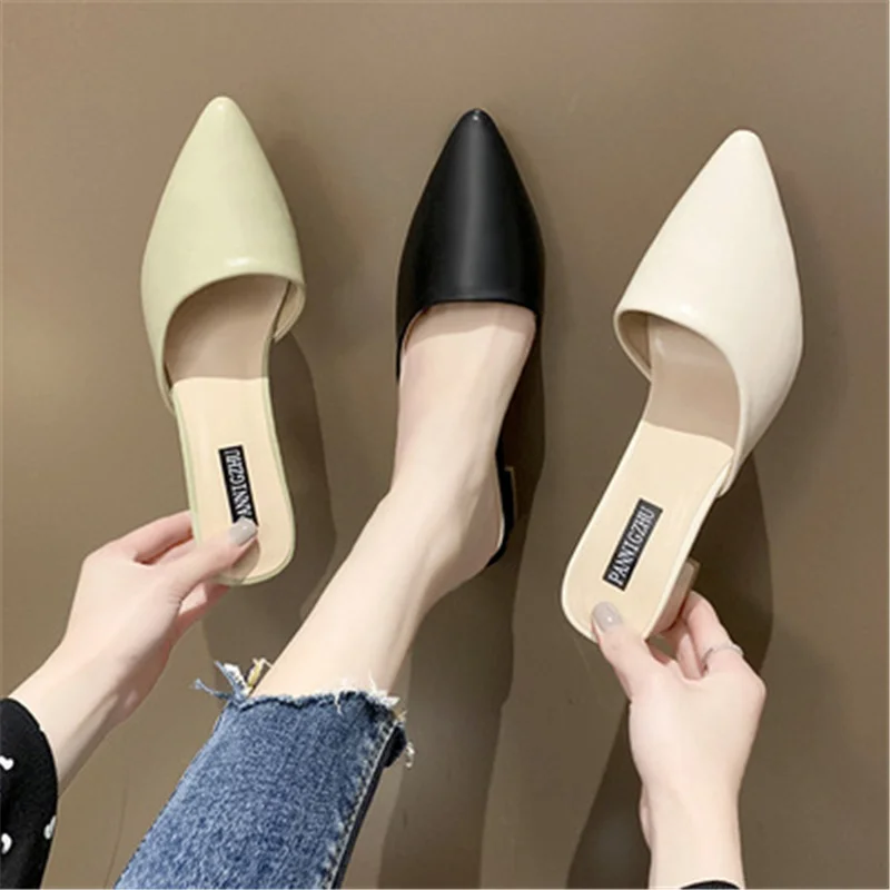 

Slippers Women's Summer Dress 2021 New Fashion Mid-heel Net Red Muller Baotou Pointed Toe Thick-Soled Thick Heels