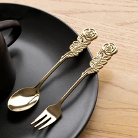 carved rose spoon fruit fork coffee accessories stainless steel tableware tea coffee spoon teaspoons ice cream dessert spoons