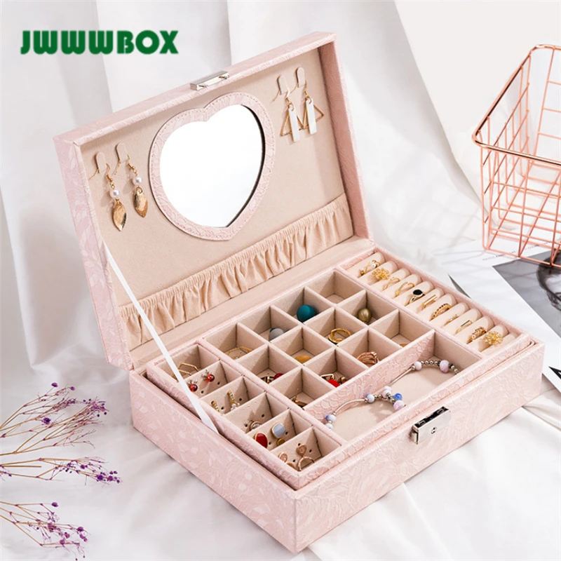 

JWWWBOX Jewelry Box With Mirror Double Layers High Capacity Necklace Earrings Rings Bracelets Jewelry Organizer Women Casket