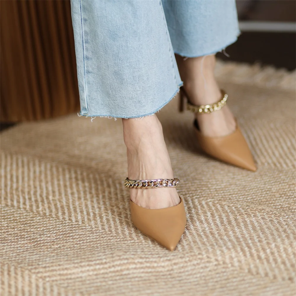 Kanseet Pointed Toe Women Slippers Chain Decoration Summer Shoes Genuine Leather 2021 New Handmade High Heels Slippers Women